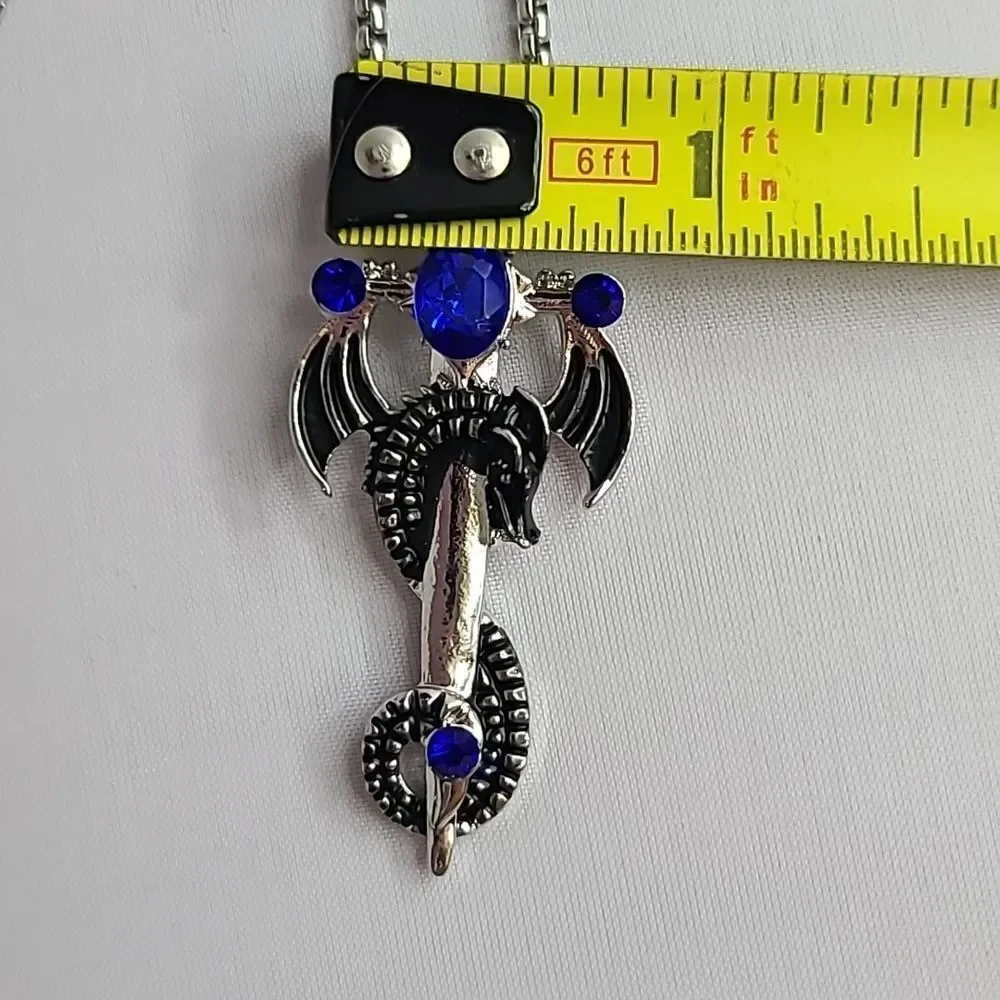 Dragon Cross Sword Necklace Blue Stone Medieval Fantasy Gothic Silver Unisex 24